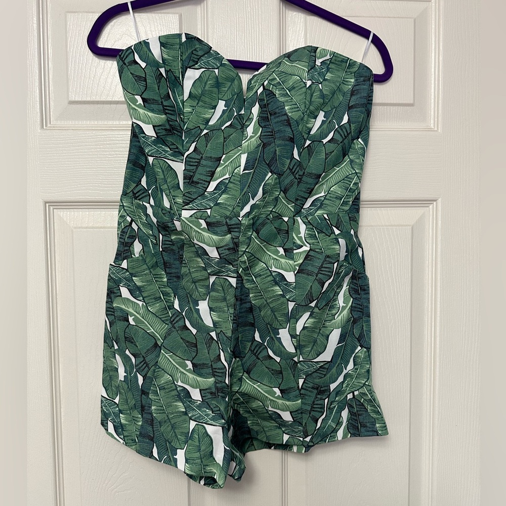 H&M Strapless Tropical Leaf Romper in Green and White